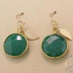 Emerald Earrings: Gold Bezel Set Faceted Green..