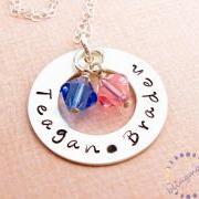 Hand stamped necklace: Sterling silver washer with birthstone crystals