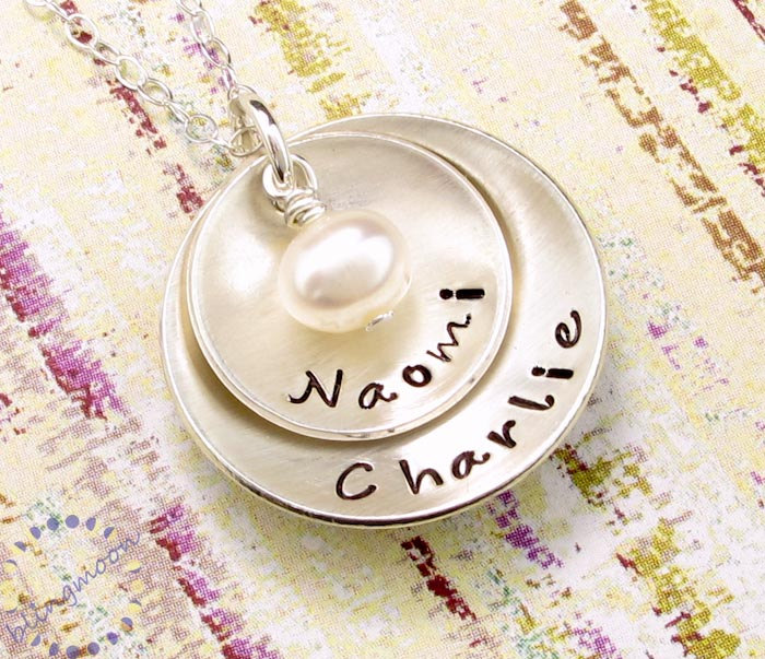 Hand Stamped Jewelry - Personalized Sterling Silver Necklace - Two Discs With Freshwater Pearl