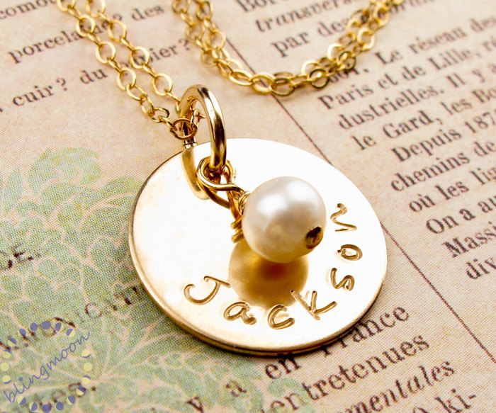 14K gold filled disc with pearl charm: Custom name engraved necklace: 