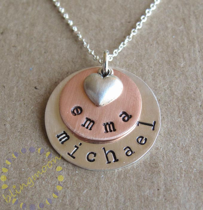 Personalized Necklace: Sterling Silver And Copper Charms Hand Stamped - Gift For Mom