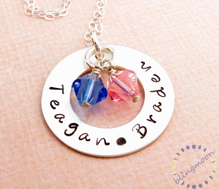 Hand Stamped Necklace: Sterling Silver Washer With Birthstone Crystals