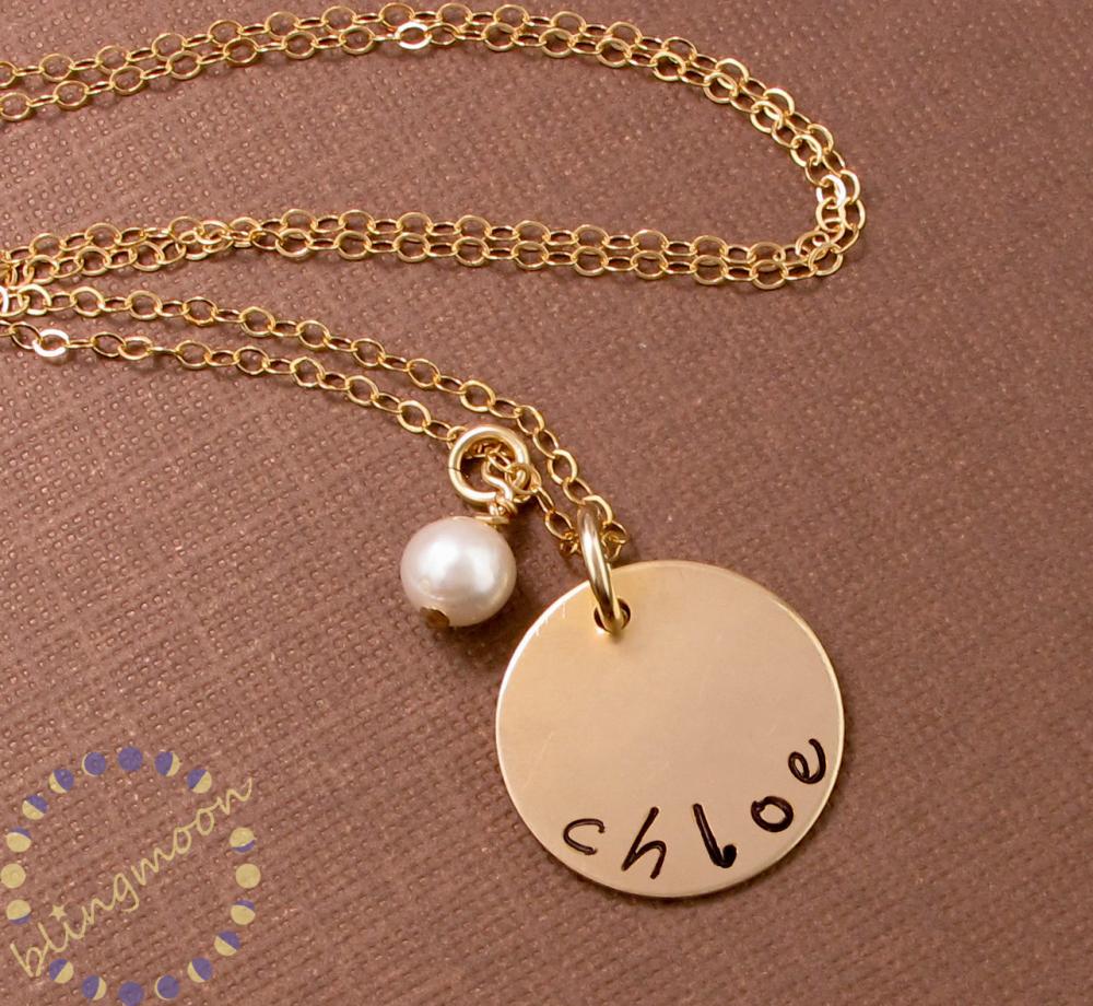 Gold Necklace: 14k Gold Filled Personalized Name Engraved Necklace With Pearl