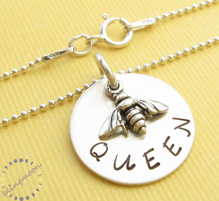 Silver Charm Necklace - Queen Bee Necklace - Necklace With Charm Hand Stamped Charm Necklace