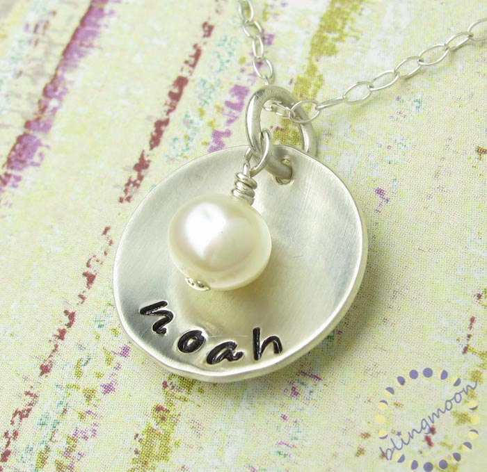 Mothers Hand Stamped Jewelry - Personalized Sterling Silver Necklace - Domed Pendant