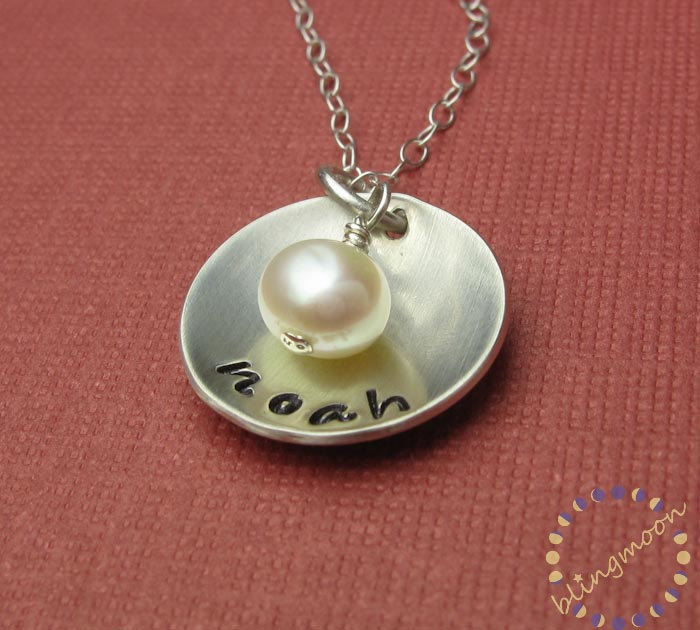 Mothers Hand Stamped Jewelry Personalized Sterling Silver Necklace Domed Pendant on Luulla
