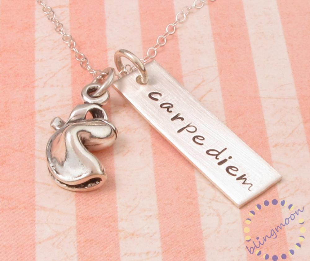 Silver Necklace: Engraved Name Tag With Fortune Cookie