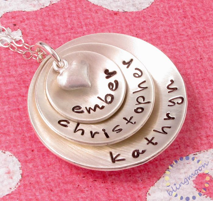 Hand Stamped Jewelry" Personalized Sterling Silver Necklace For Mom Three Discs