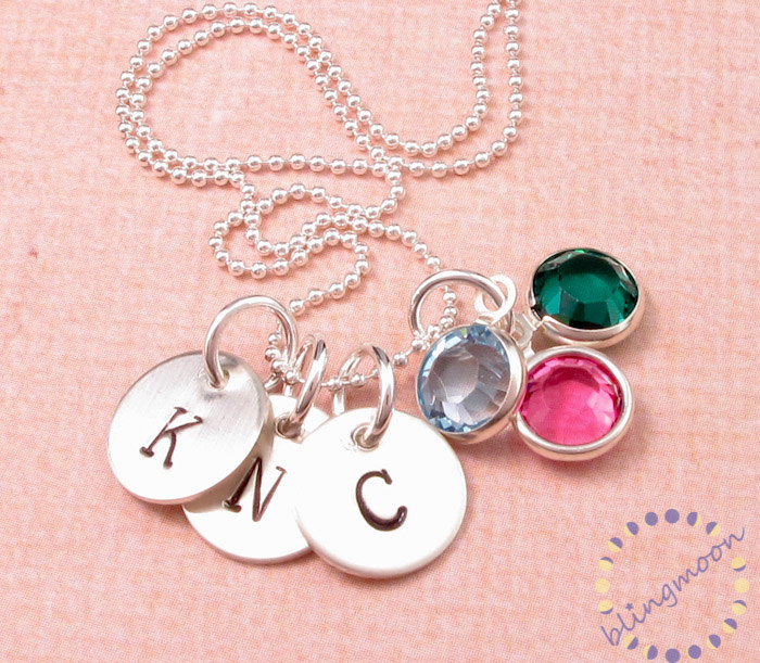 Stamped Initial Charm: Custom Engraved Sterling Silver With Birthstones