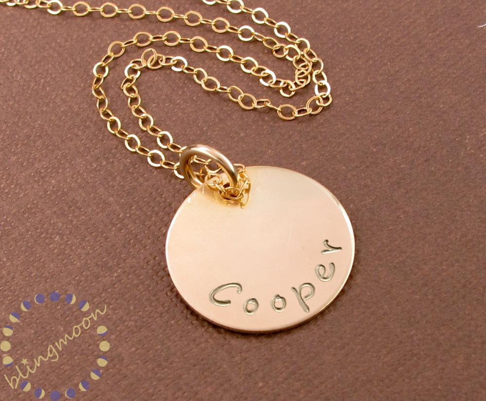 Hand Stamped Gold Necklace: 14k Gold Filled Disc Charm Necklace