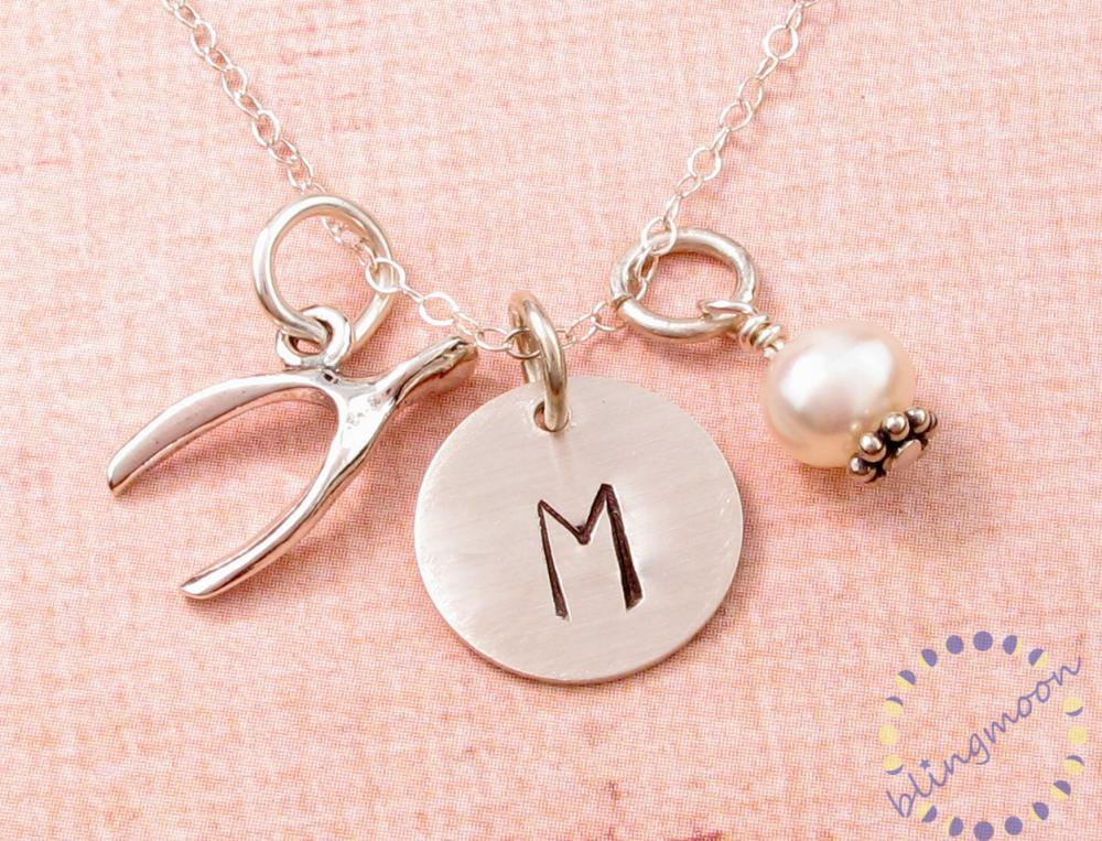 Sterling Silver Wishbone Charm Necklace: Hand Stamped Initial And Pearl