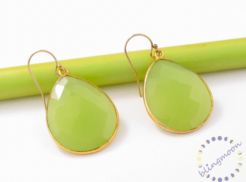 Green Chalcedony Earrings: Lime Green Faceted Gemstones Set In Vermeil Bezel