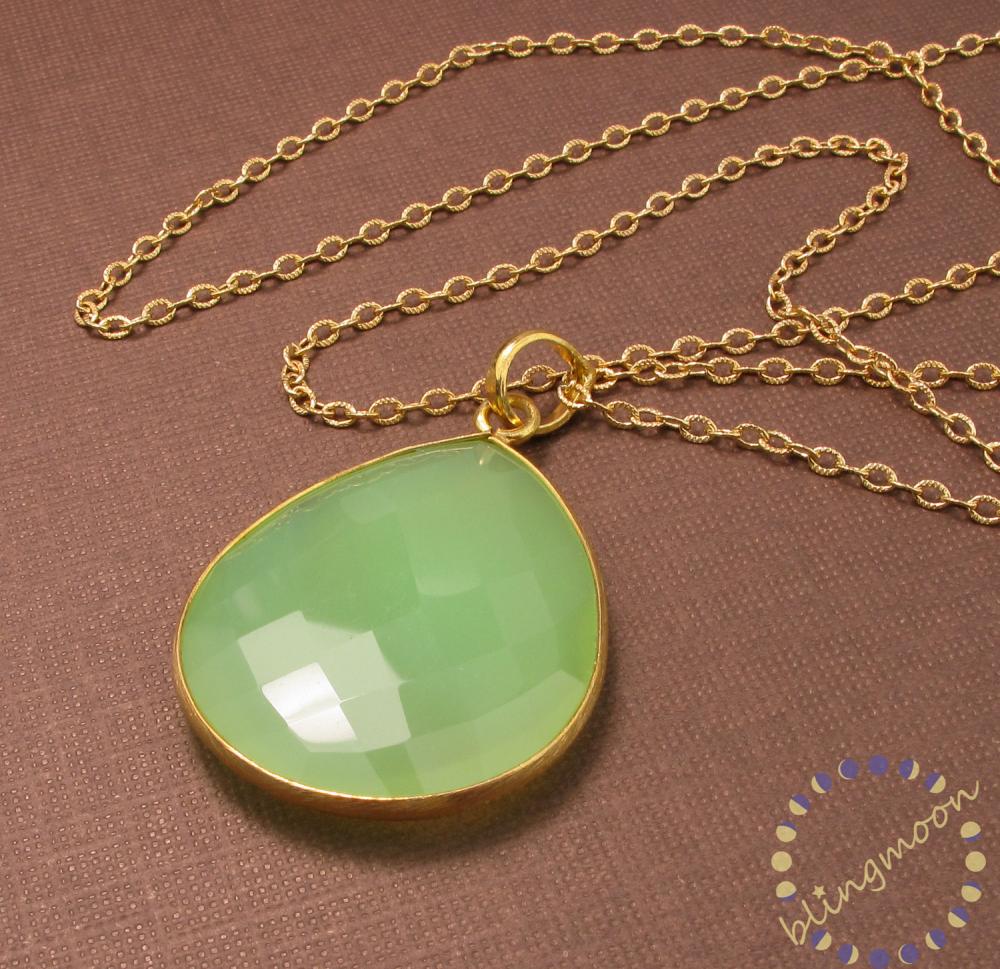 Lime Green Onyx Pendant: 14k Gold Filled Long Gold Necklace With Large Bezel Gemstone