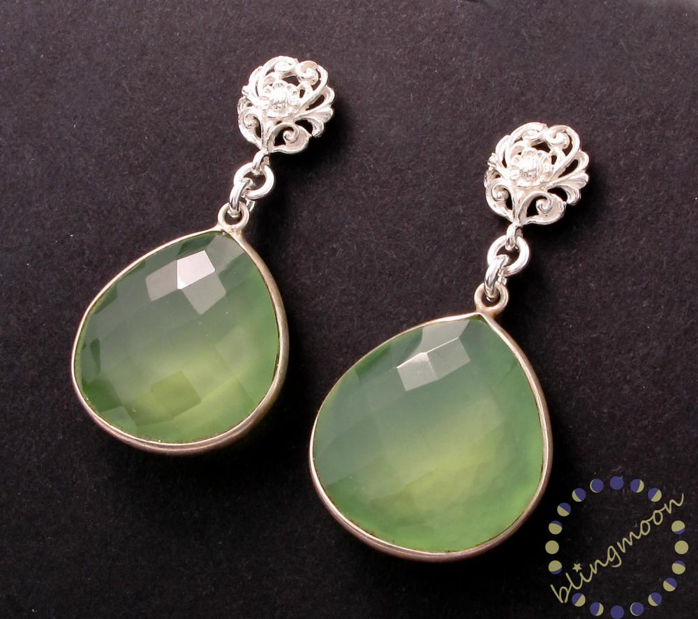 Chalcedony Earrings: Silver Light Green Faceted Heart Drop Earrings