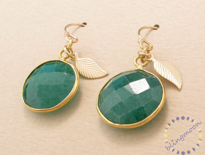 Emerald Earrings: Gold Bezel Set Faceted Green Gemstone Drops In 14k