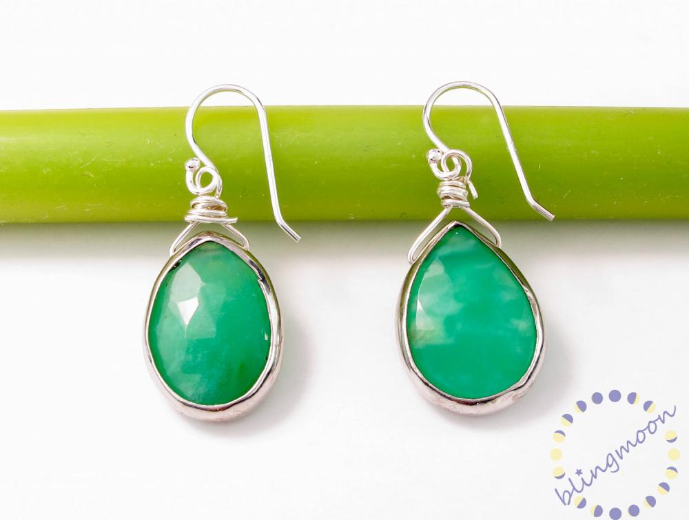 Green Chrysoprase Earrings: Bezel Set Sterling Silver Green Gemstone Earrings