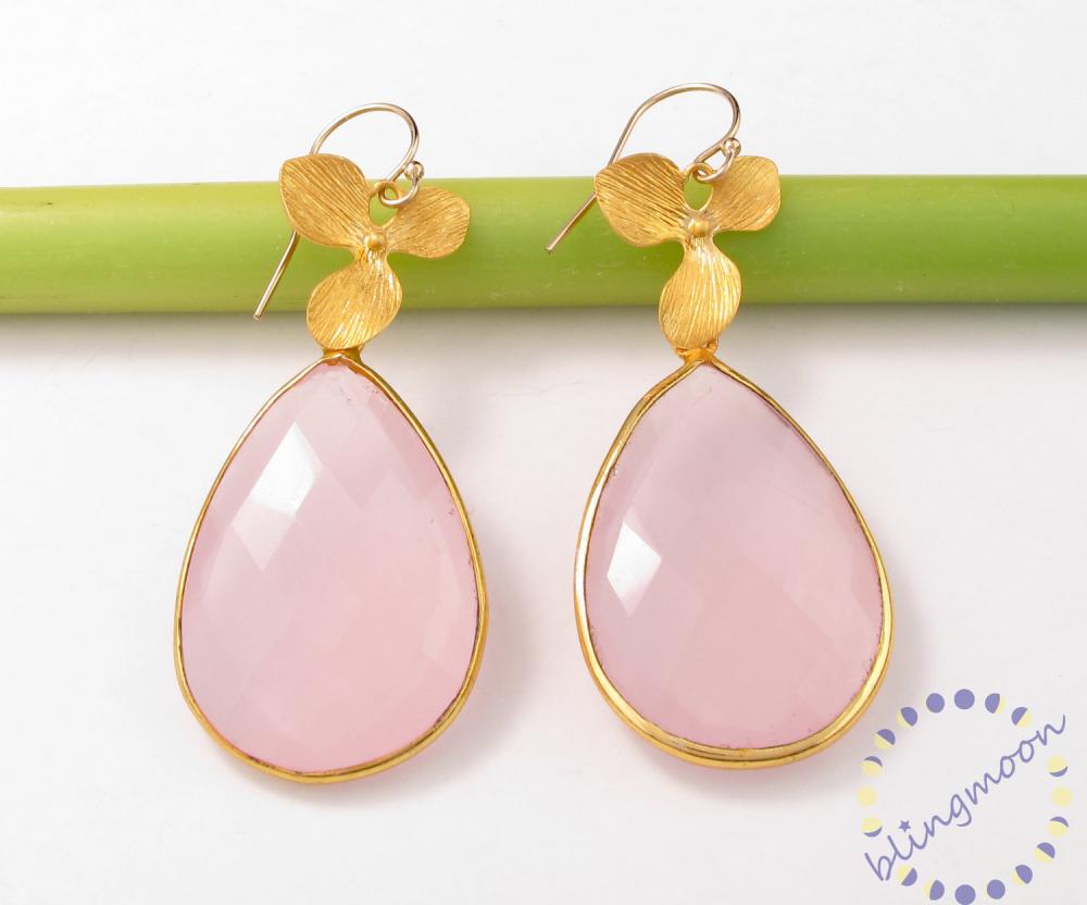 Pink Rose Quartz Earrings: 24k Gold Vermeil Earrings Bezel Set Gemstones