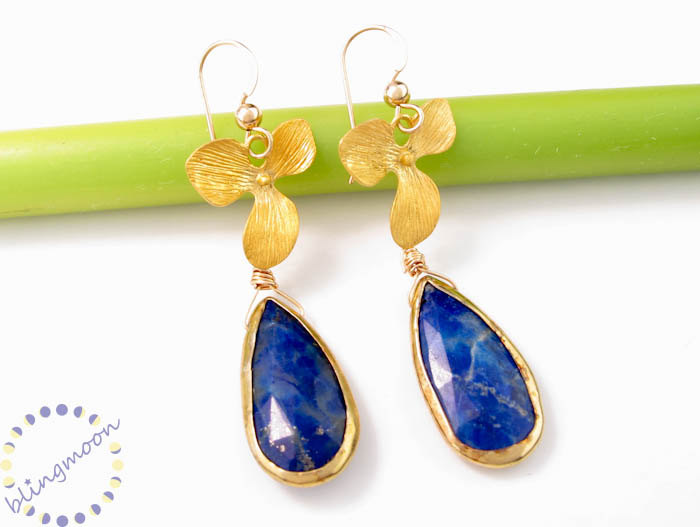 Lapis Earrings: Bezel set gemstone earrings gold orchid lapis lazuli stones
