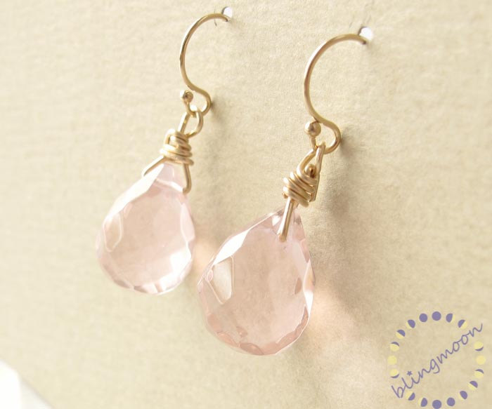 Pink Quartz Gemstone Earrings . Pink Earrings . Dangle Earrings . Drop Earrings . 14k Gold Filled Earrings . Faceted Teardrop Briolette