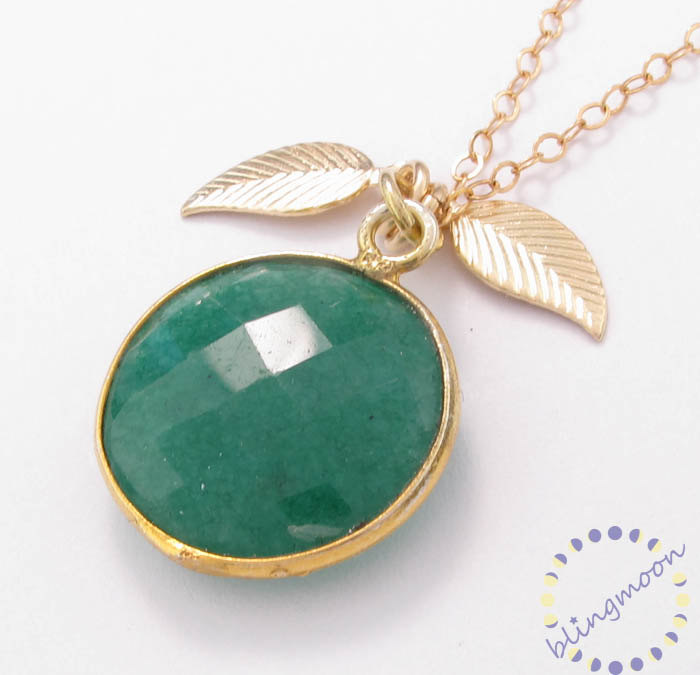 Gold Necklace: Green Gemstone Emerald Necklace Bezel Set With Leaf Charm